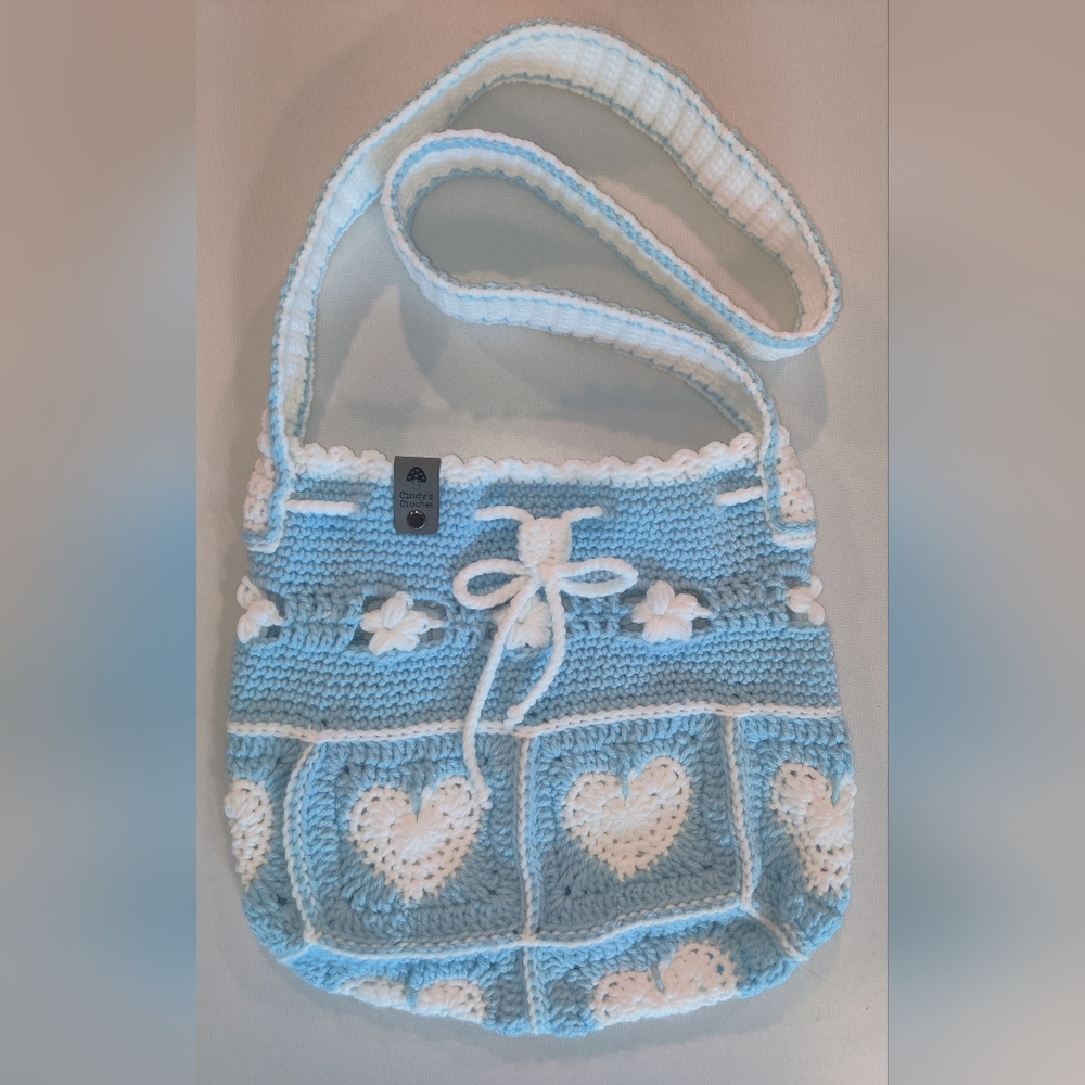 Crocheted Blue and White Heart Granny Square Drawstring Crossbody Bag - Picture 2 of 3